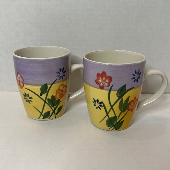 Hand Painted Ceramic Floral Purple Yellow Set of 2 Mugs Large 14 oz - Picture 1 of 4